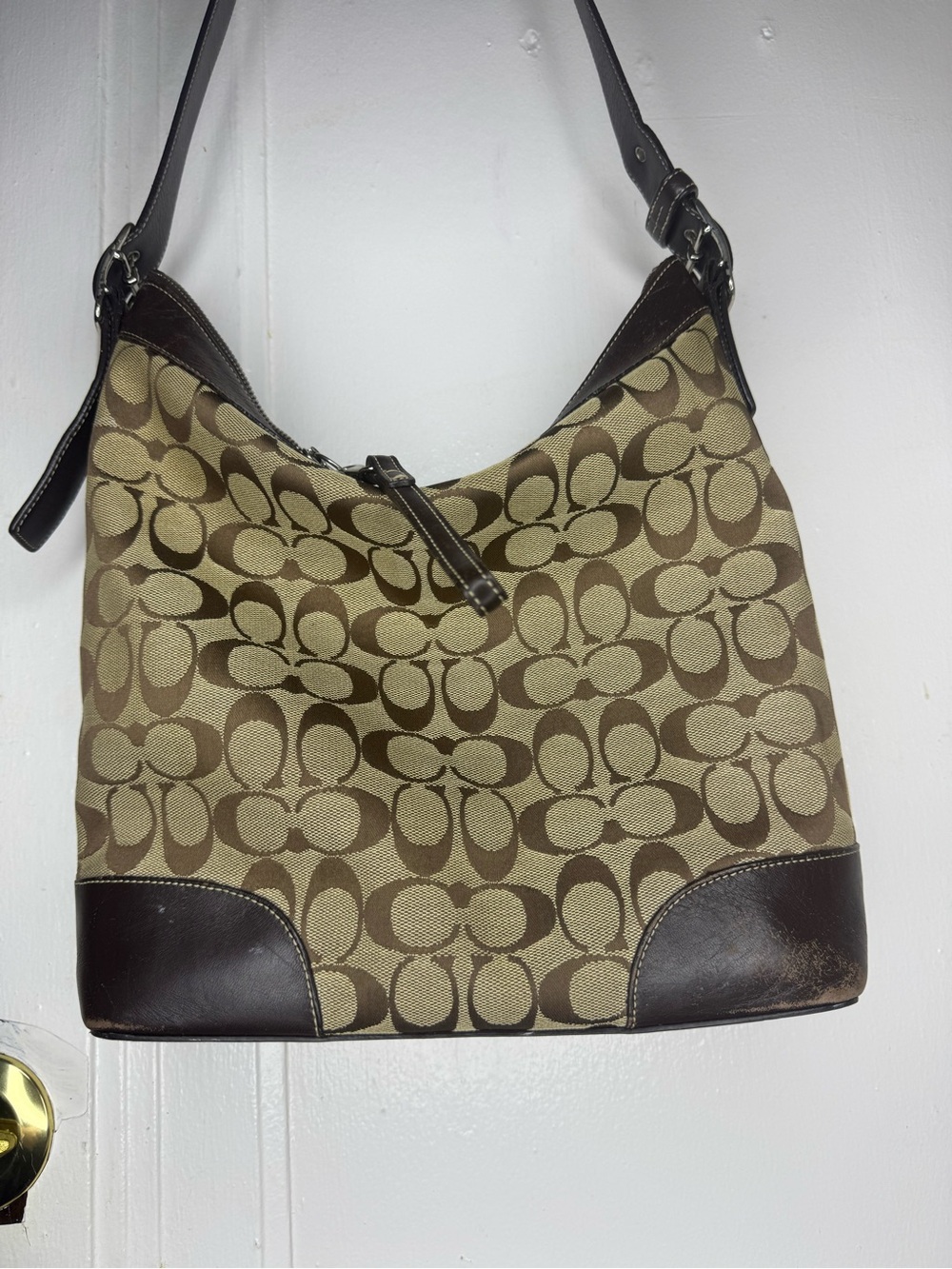 Coach Tan and Brown Signature Canvas Shoulder Bag